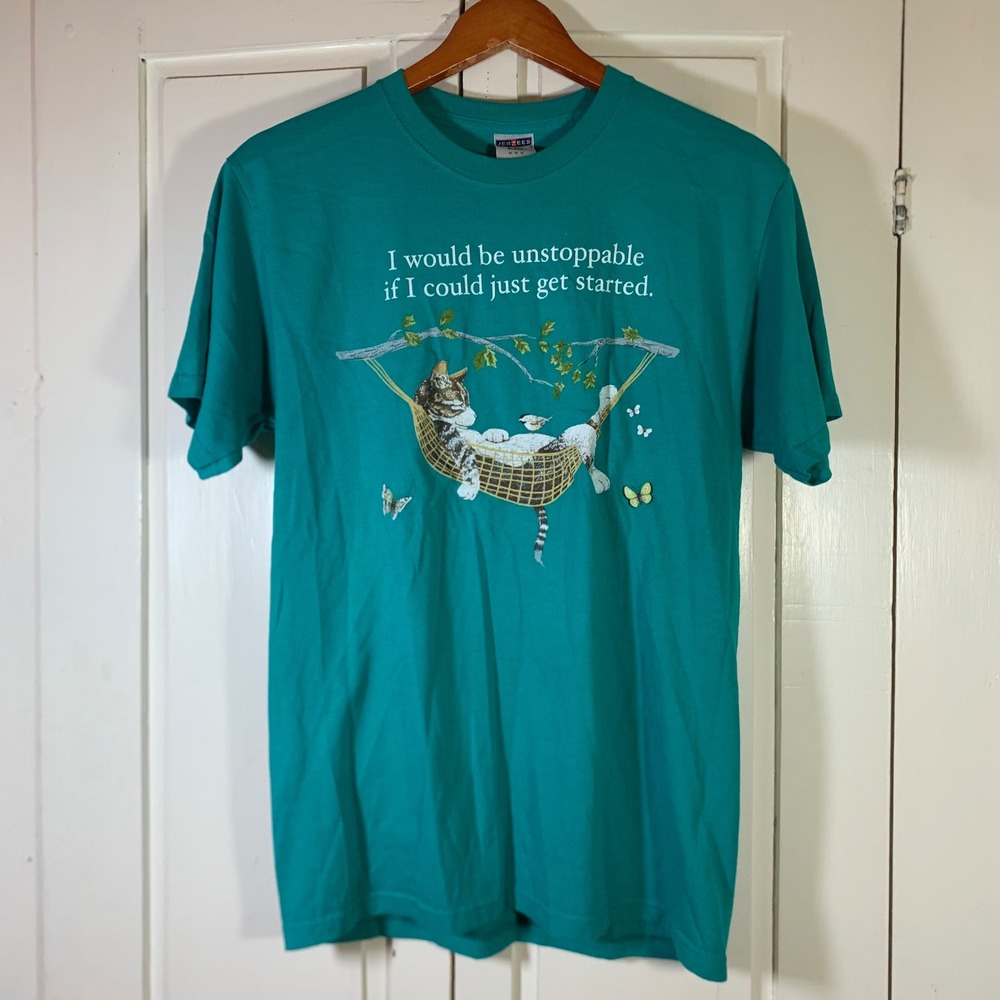 Cat Hammock Graphic T-Shirt Jerzees Heavyweight Blend Teal  Medium Humor Quote